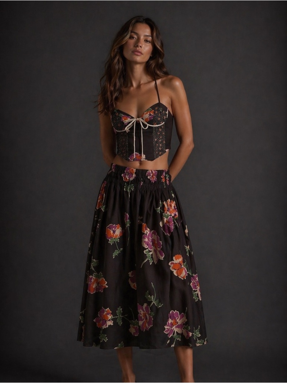 Function & Fringe Edit | Floral Black Corset Top and Skirt Set